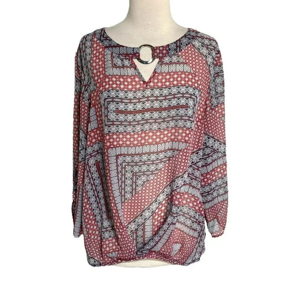 Alyx‎ XL red white & black boho print sheer top - Picture 1 of 6
